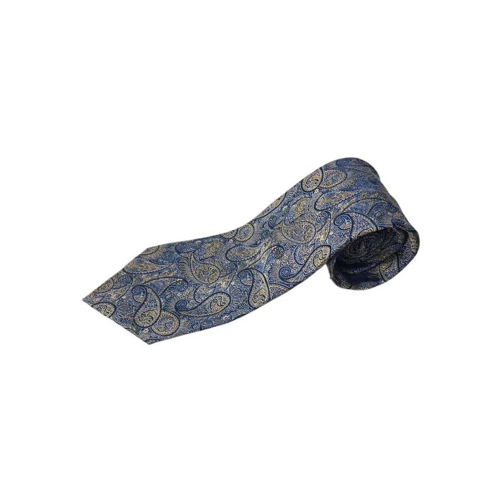 Van Heusen 100% Silk Tie Blue Paisley Gold Trim Mens Necktie Classic Formal
